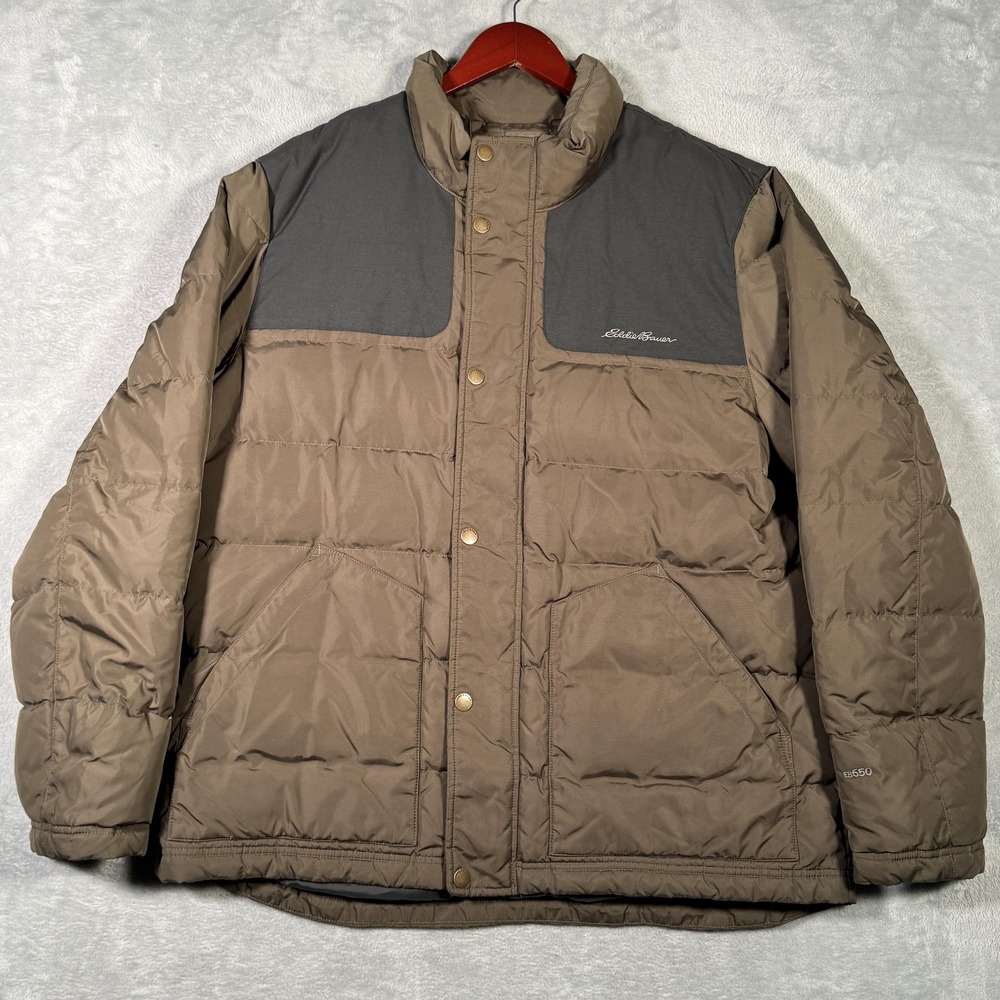 Eddie Bauer Jacket Mens XL Brown Gray EB650 Down‎ Puffer Quilted Snap Zip Winter